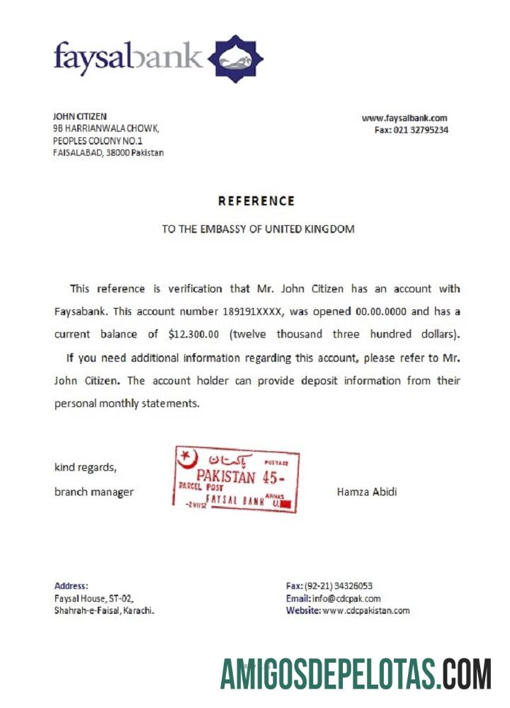 Referência do Banco Faysal do Paquistão exemplo real